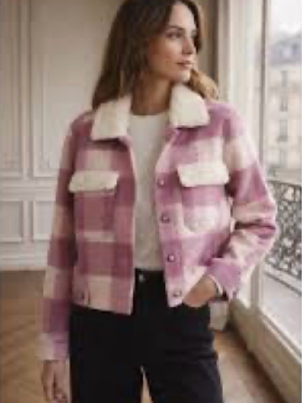 NWT Umgee Pink Plaid Teddy Jacket with Sherpa Collar